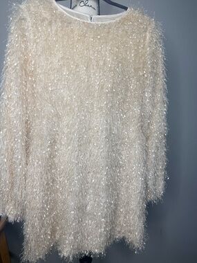 Ivory Sequin Eyelash Fringe Party Dress